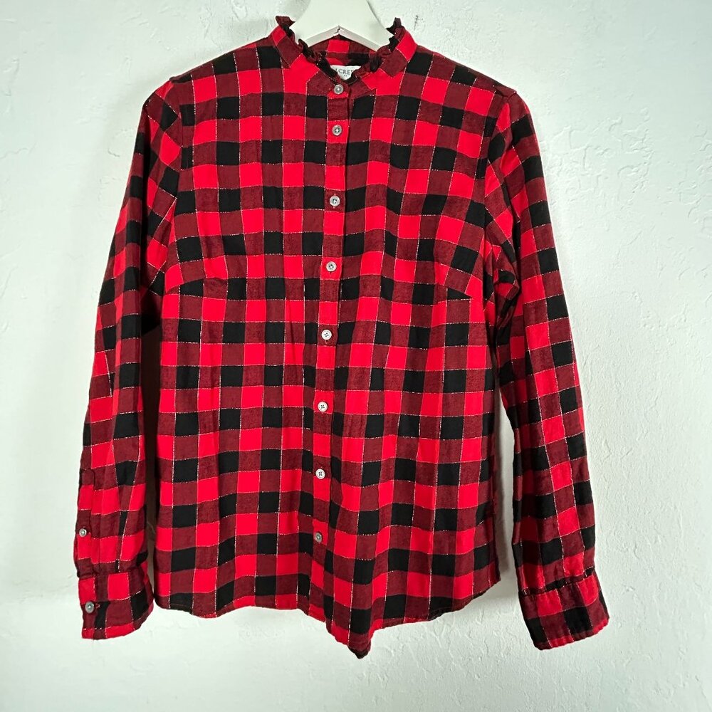 J.Crew Women Red Black Buffalo Check Button-Up Flannel Shirt Small Ruffle Collar